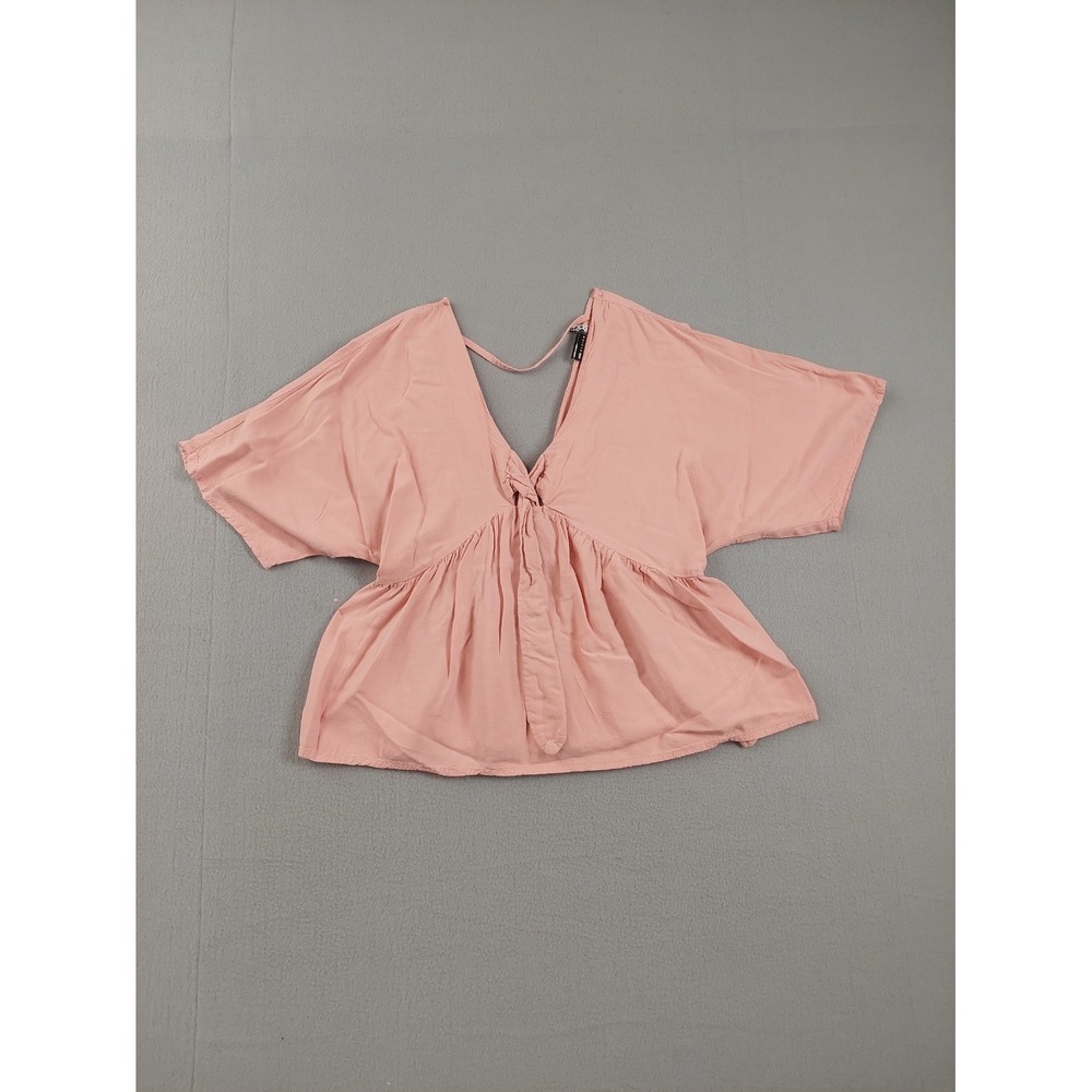 Asos Women Top 6 Peach V Neck Tie Front Short Kimono Sleeve Pleated Logo Casual